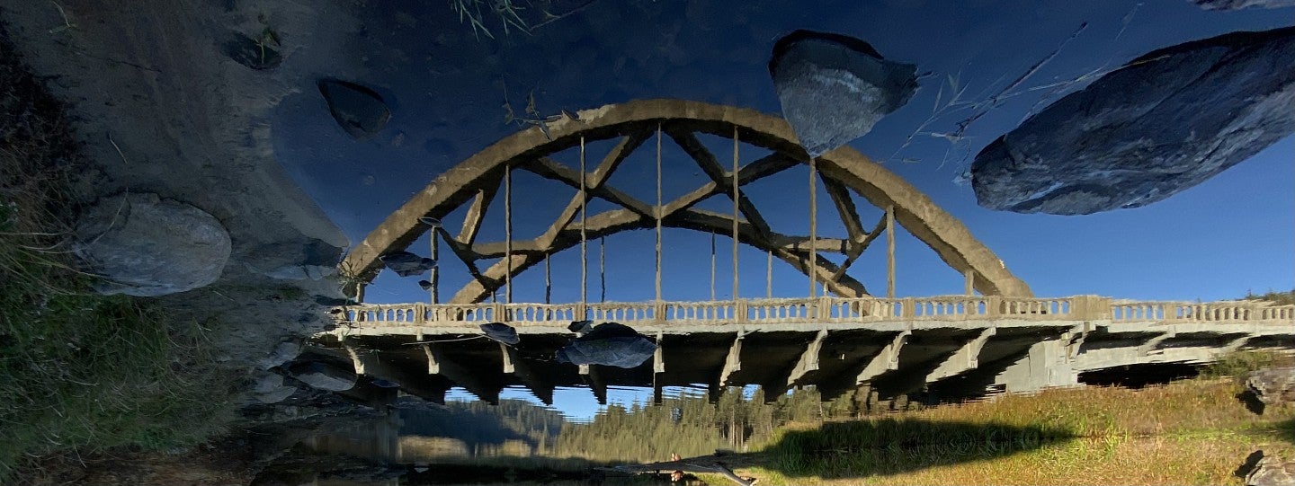 Bridge reflection in river