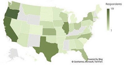 Geographic distribution of survey respondents across US map. Highest concentrations are in Oregon, California, Texas, and Illinois. 