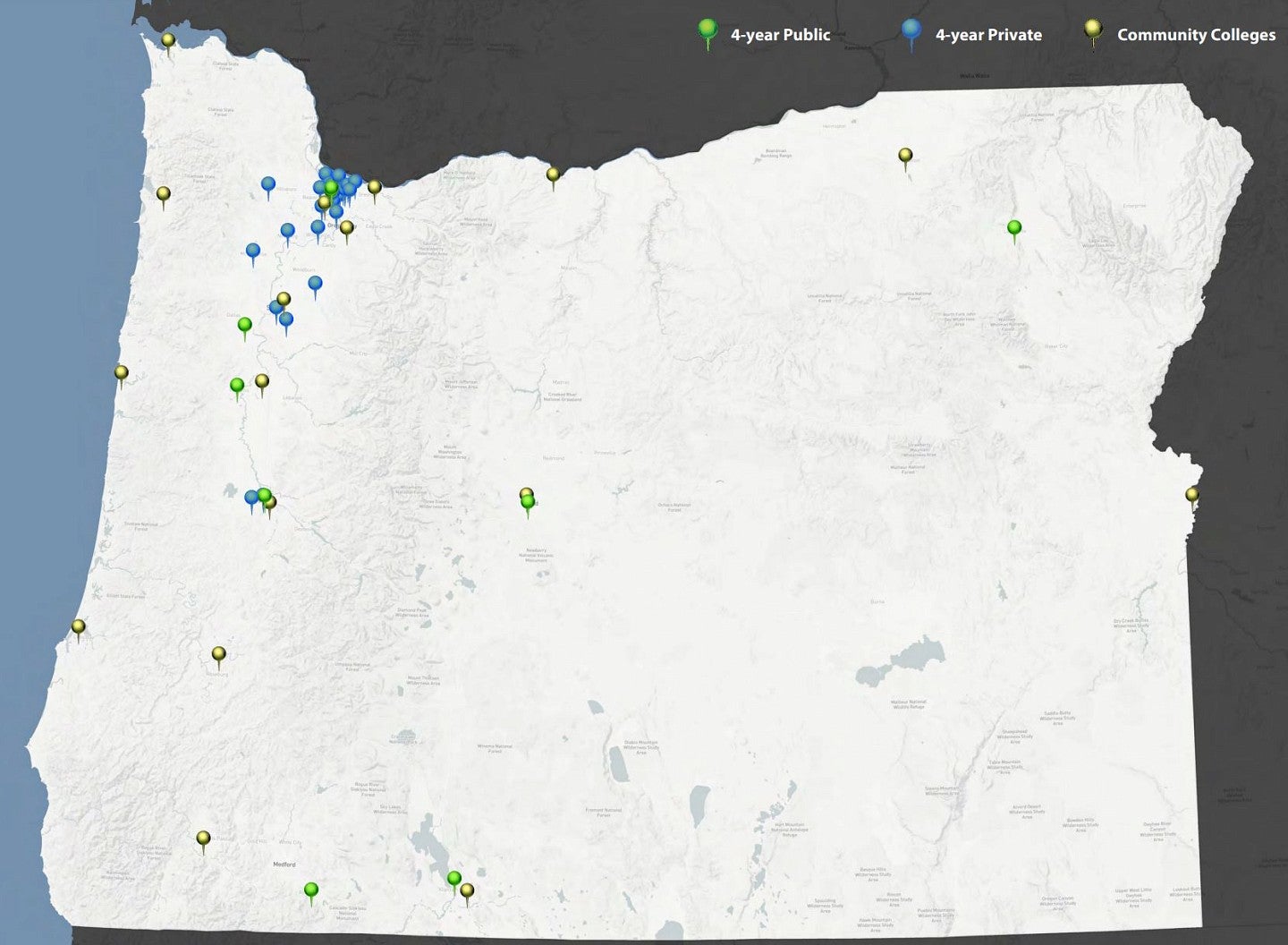 Map of oregon highlighting higher ed locations