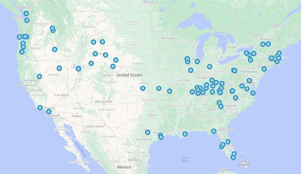 Map of the US with dots highlighting NIMAA signatory locations