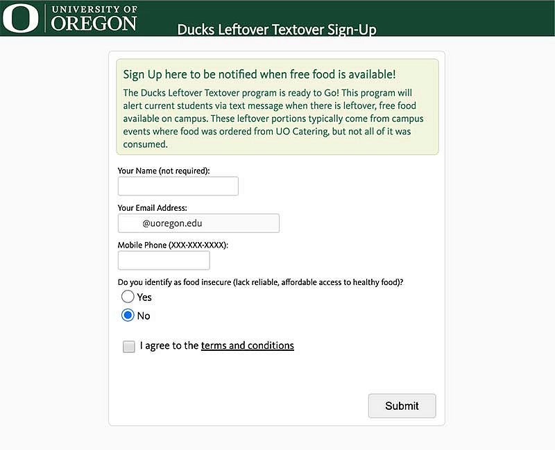 Screenshot of Leftover Textover Sign-Up webpage 