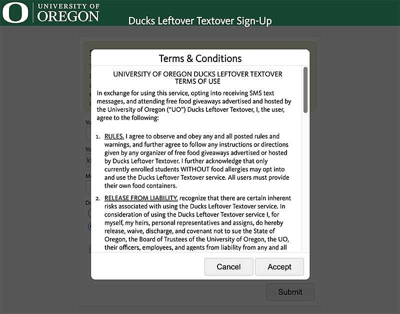 Screenshot of Leftover Textover Terms and Conditions 