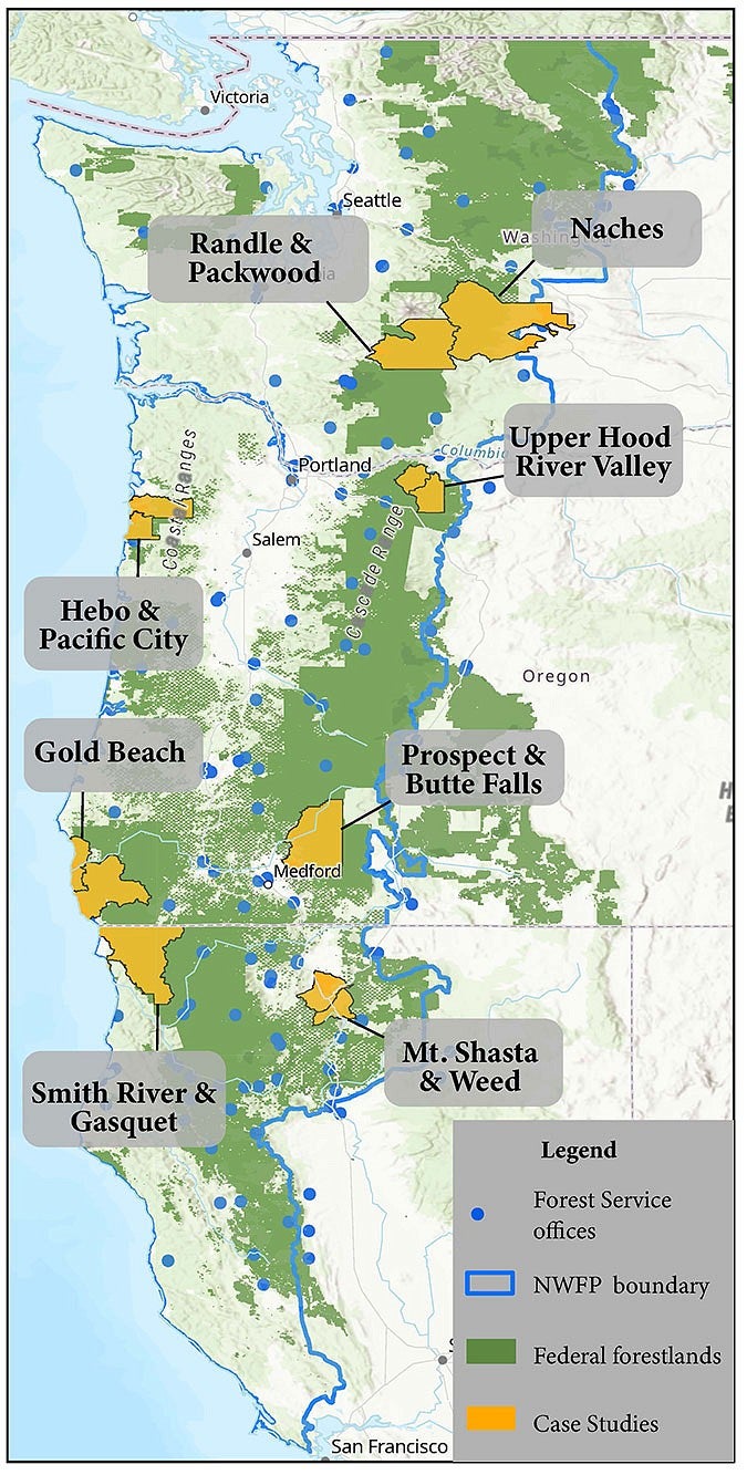 Map highlighting forest service offices, northwest forest plan boundary, federal forest lands, and case study locations in Randle and Packwood, Naches, Upper Hood River Valley, Hebo and Pacific City, Gold Beach, Prospect and Butte Falls, Smith River and Gasquet, and Mt Shasta and Weed.