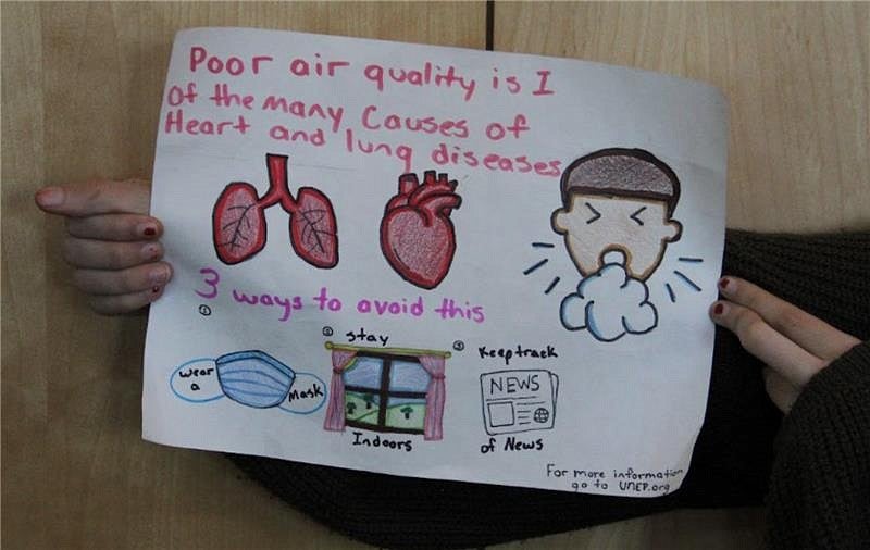 Drawing showing effects of poor air quality on heart and lungs, and steps to protect yourself from unhealthy air.  Text reads: “Poor air quality is 1 of the many causes of heart and lung disease. 3 ways to avoid this: wear a mask, stay indoors, keep track of the news. For more information go to UNEP.org.”