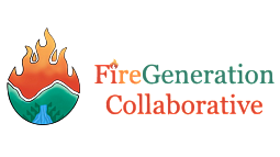 Brightly colored logo with hills and a river topped by flames and Fire Generation Collaborative